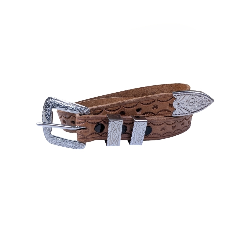 Slim Hand Tooled Leather Western Belt With Silver Buckle | Size XS/S